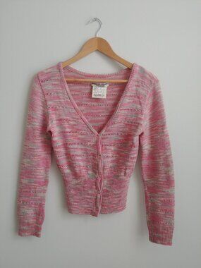 Vintage Y2K Katharine Hamnet London 100% wool pink cardigan sweater M runs small